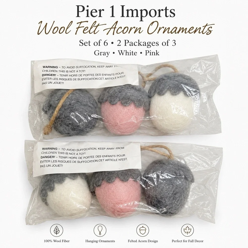 Pier 1 Wool Felt Acorn Ornaments Set of 6 Hanging Fall Decor New